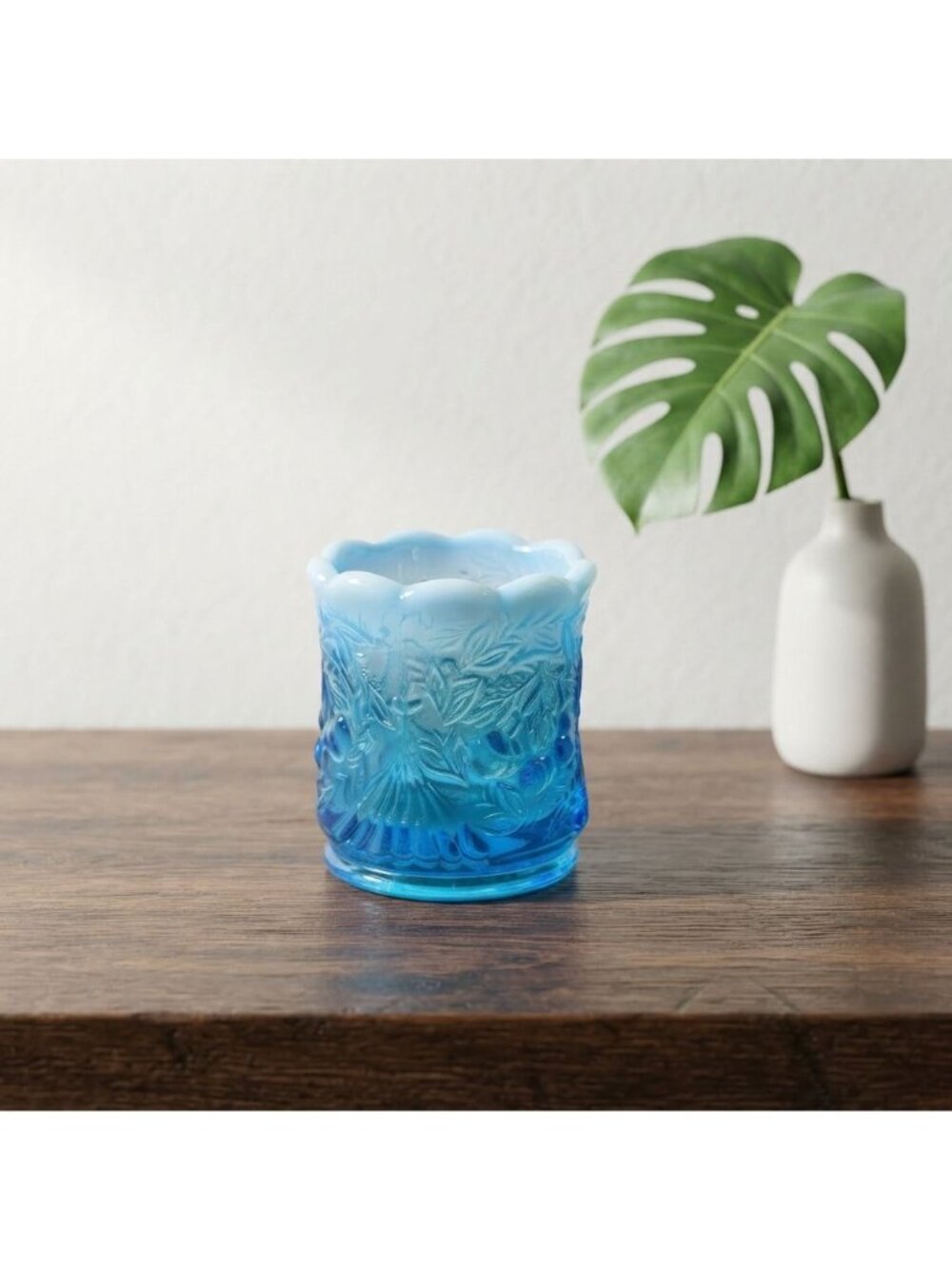 Vintage Westmoreland Blue Opalescent Glass Floral Toothpick Holder Vase Signed